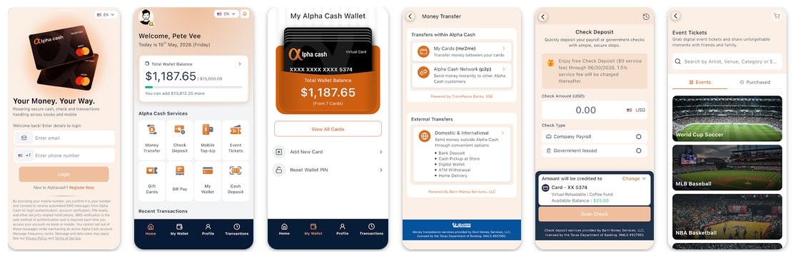 Alpha Cash mobile app — manage your wallet, send money, and earn rewards