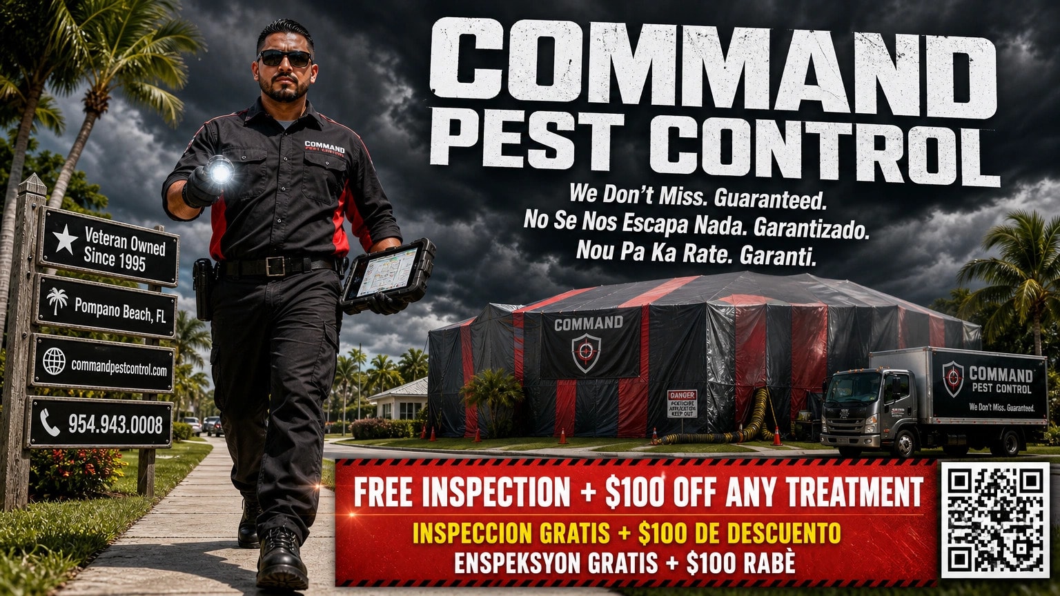 Command Pest Control — free inspection + $100 off, multilingual digital screen ad